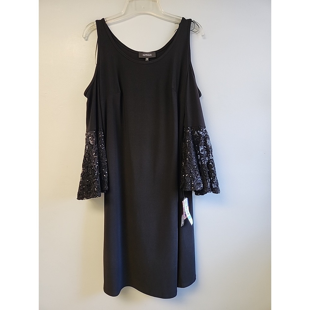 R&M Richards Womens 8 Black Party Dress Lace Sequin Sleeves Cold‎ Shoulder